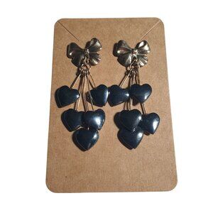 Gold Tone Bow Dangle Earrings Black Heart Charms Post Back Gift Vintage Mom Gift